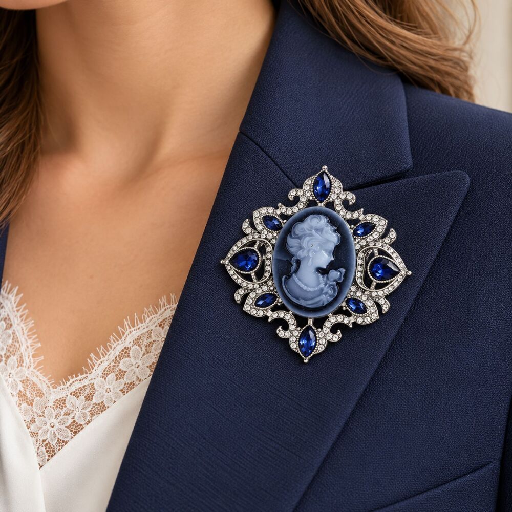 Vintage Style Blue Cameo Brooch Rhinestone Crystal Victorian Lady Pin 2.05"